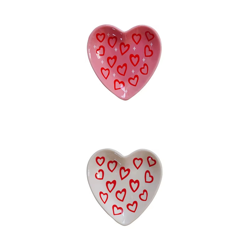 2Pcs Original Design Heart Ceramic Plate Dopamine Flower Nut Chocolate Plate Floral Plaid Jewelry Display Plate Suitable for Restaurant Kitchen Table Snack Plate Fruit Biscuit Storage Plate Jewelry Perfume Aromatherapy Storage Plate Earrings Display Plate Home Decoration Plate Gift Valentine'S Day Gift
