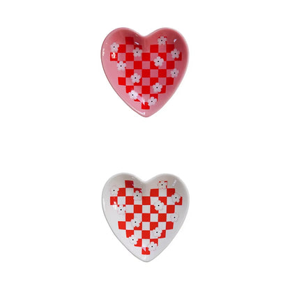 2Pcs Original Design Heart Ceramic Plate Dopamine Flower Nut Chocolate Plate Floral Plaid Jewelry Display Plate Suitable for Restaurant Kitchen Table Snack Plate Fruit Biscuit Storage Plate Jewelry Perfume Aromatherapy Storage Plate Earrings Display Plate Home Decoration Plate Gift Valentine'S Day Gift