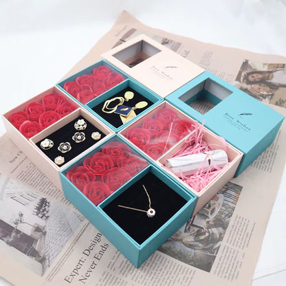 6Pcs Soap Rose Flower Gifts Box Valentines Lover'S Gifts Necklace Mothers Day Valentines Day Gift Fashion Romantic Jewelry Case